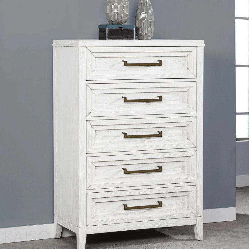 Commode de chambre à 5 tiroirs blanc vieilli
