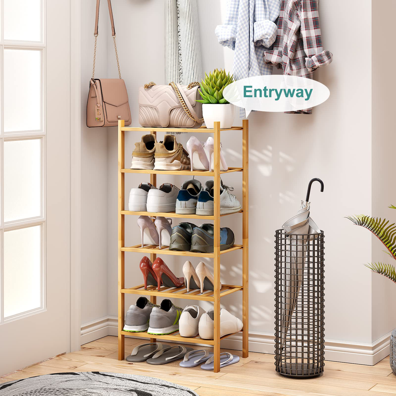 Rebrilliant Small Shoe Rack, 6-Tier Shoe Rack For Entryway, Bamboo Wood ...
