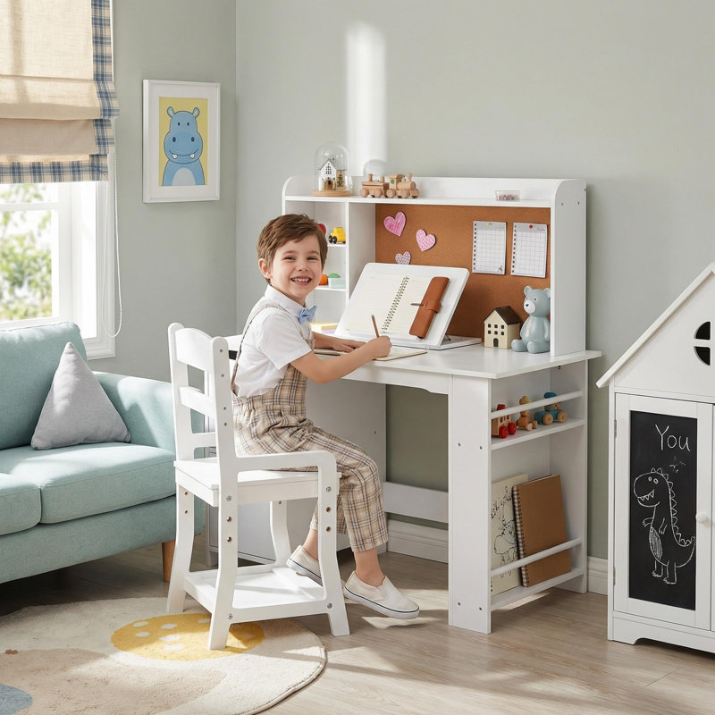 Ensemble de bureau et chaise pour enfants avec huche, table d'étude en bois avec tablette de rangement, babillard, bureau d'écriture pour garçons et filles de 3 à 8 ans