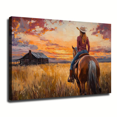 Cowgirl On Horseback Overlooking Log Cabin At Golden Sunset Western Art, Large Gallery Wrapped Canvas Wall Art Print For Living Room Bedroom