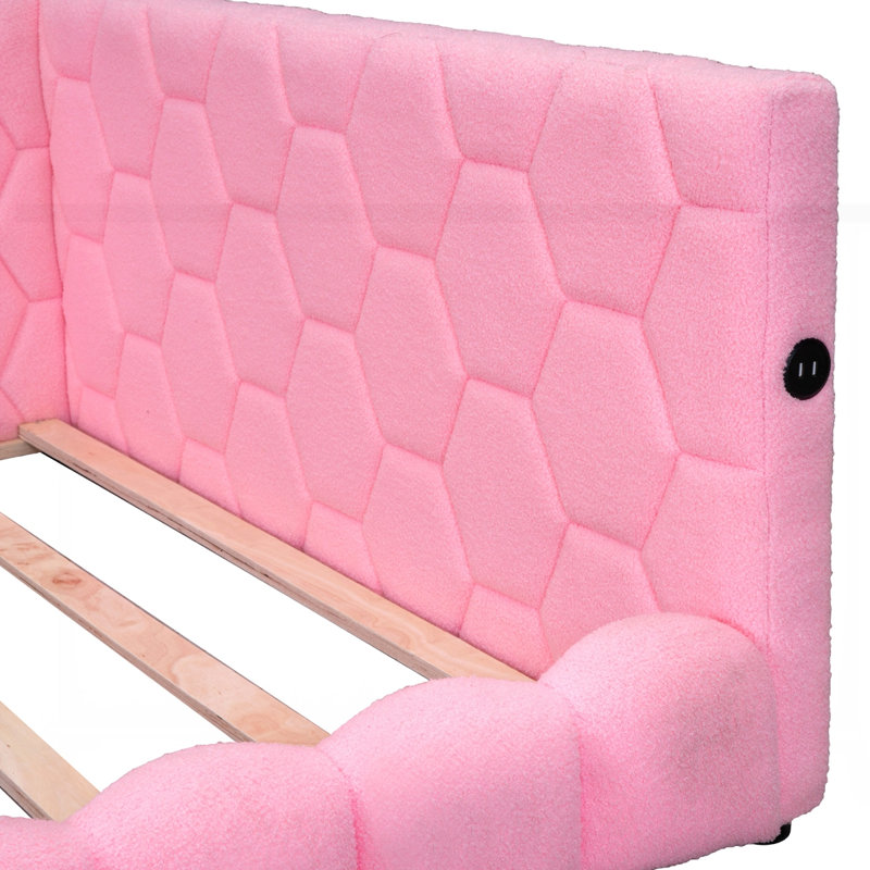 Lit plateforme tapissier avec ports USB et ceinture à DEL, Rose