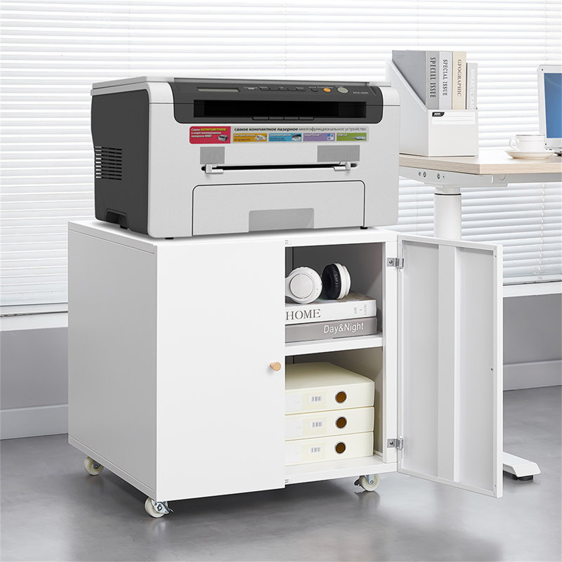 Metal Printer Stand With Storage Mobile Printer Tables For Small Spaces With Door Adjustable Shelf File Cabinet On Wheels For Home Office (White)