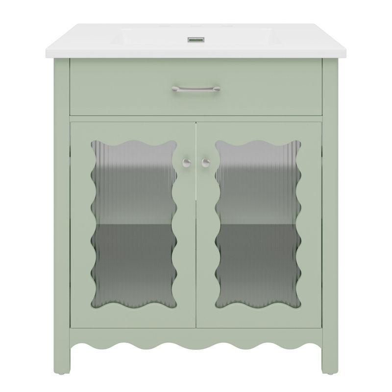 Meuble-lavabo 30 pouces avec pieds en verre trempé et en bois d'hévéa, Vert, Argent argent