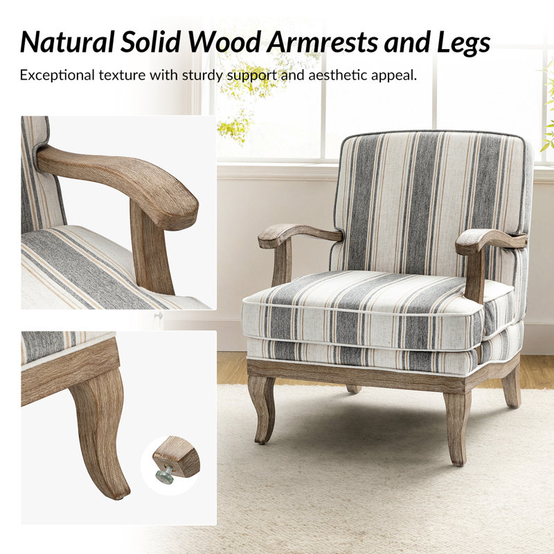 Peppone Country Wooden Upholstered Armchair with Solid Wood Armrests Set of 2, Strip