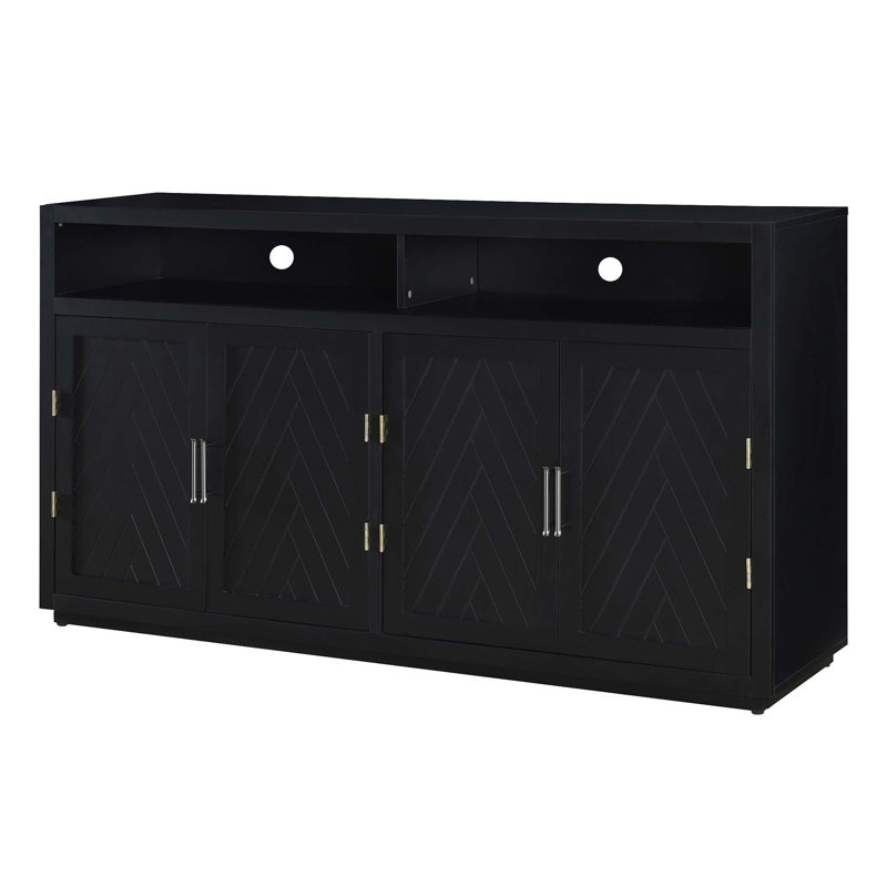 Buffet classique à 4 portes avec rangement ouvert et tablettes réglables parfaites pour les cuisines et les salons, Noir