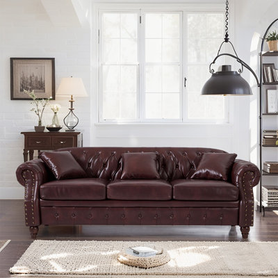 86" Classic Chesterfield Sofa for Living Room - Faux Leather (PU) Upholstered, Tufted, and Storage-Integrated