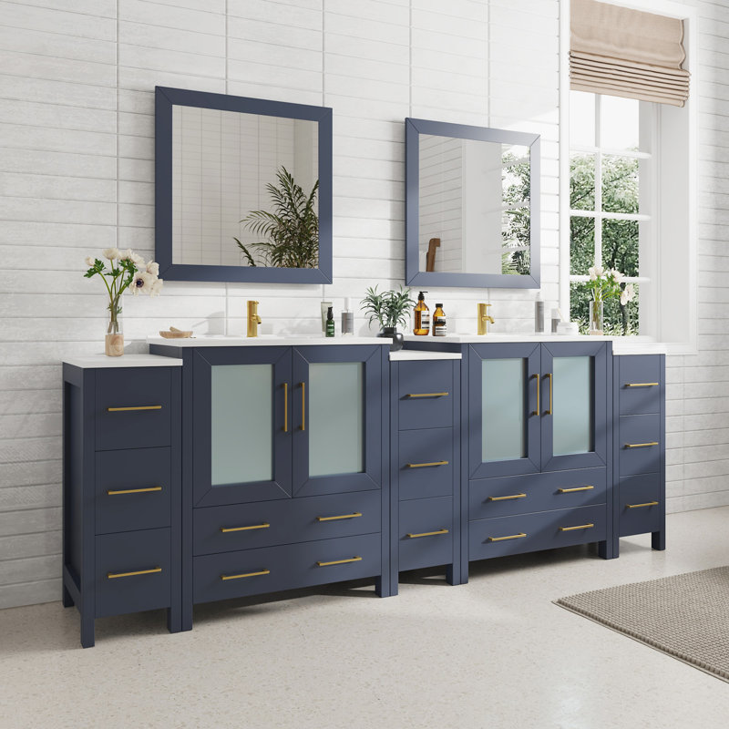  Modern 96" Double Sink Freestanding Bathroom Vanity with Ceramic Top and Matching Mirrors, Blue