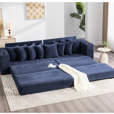 Video Available 108.68" Corduroy Sectional With Upgraded Movable Footstool, Magazine Pockets And Comfortable Seating Blue Modular Wide , Footstool Ability To Transform Into A Bed