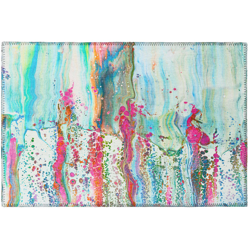 Tapis abstrait vert / rose tissé à la machine, Rectangle 1 pi 8 po x 2 pi 6 po