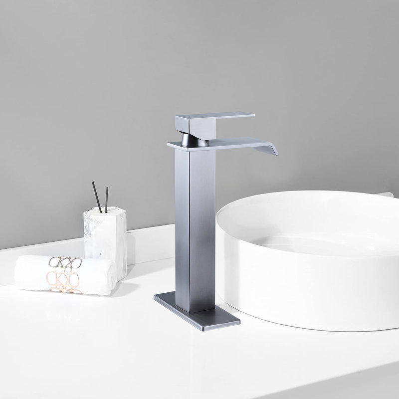Single Handle Waterfall Bathroom Vessel Sink Faucet With Pop-up Drain, Brushed Nickel