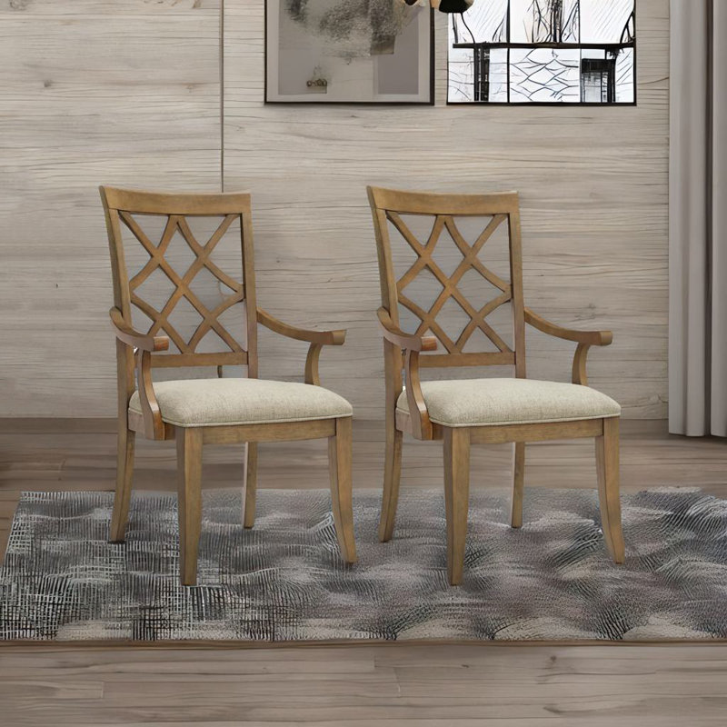 Wooden Arm Dining Chairs Set Of 2, White Oak