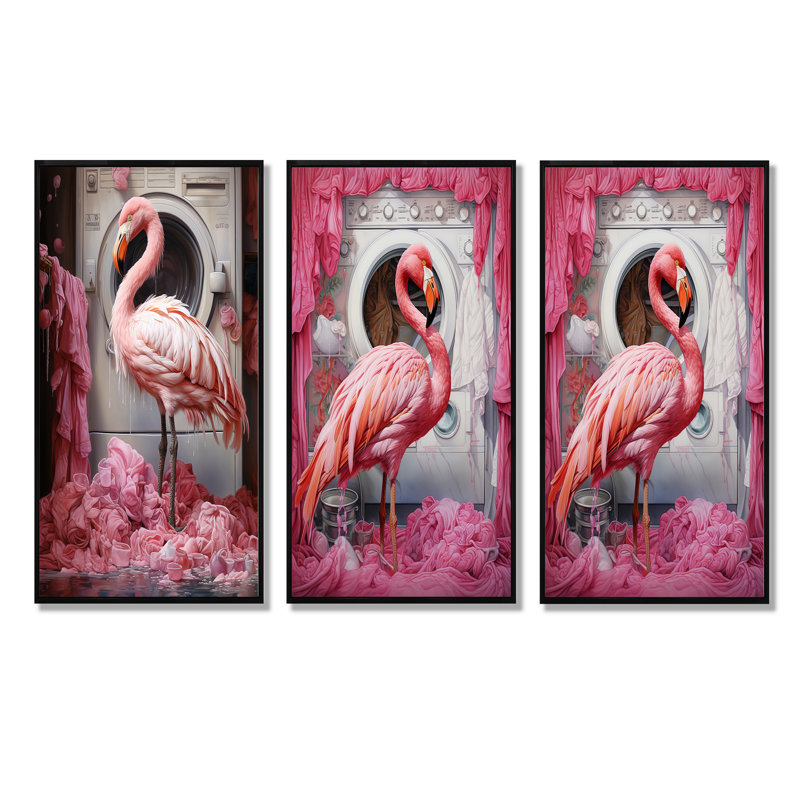 Pink Flamingo Laundry Room Dance I - ensemble de 3 impressions sur toile, Cadre flottant noir, H 28 po x l 36 po