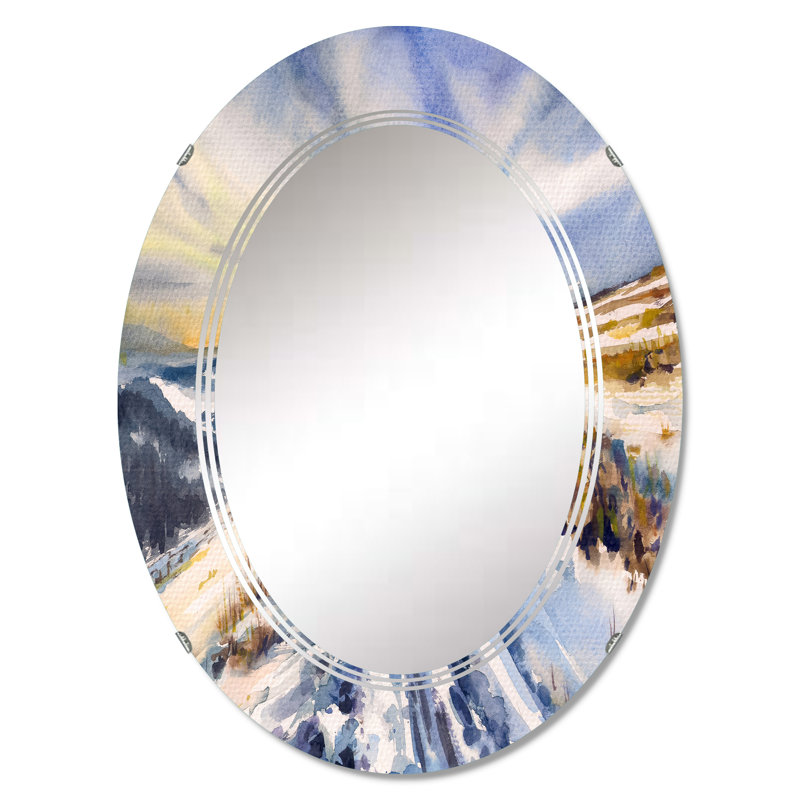 Paysage d'hiver enneigé I - miroir mural campagne ovale, 36 po x 24 po