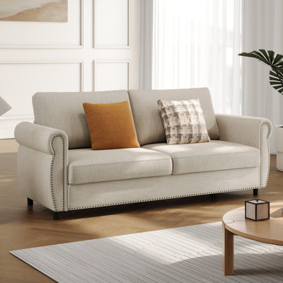81" Queen Linen Pull Out Loveseat Sleeper with Memory Foam Mattress, Beige