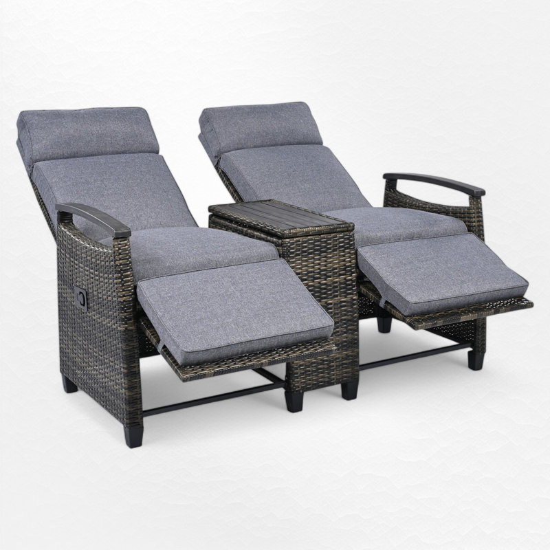 Outdoor Wicker Reclining Loveseat With Storage Table, Grey Cushion/Grey Frame