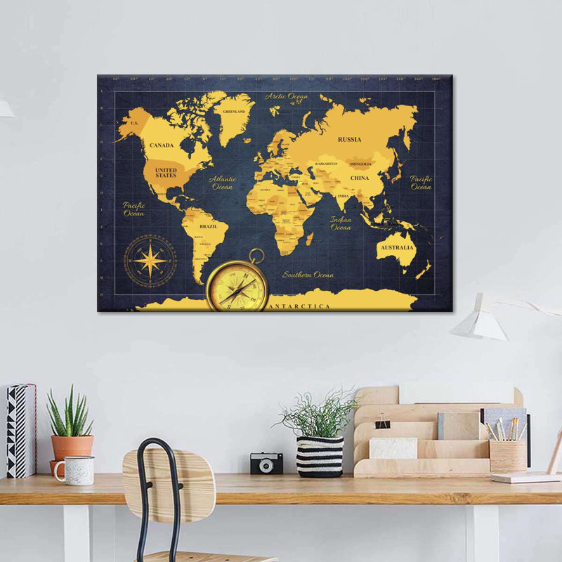 Carte du monde boussole dorée sur toile, H 24 po x l 36 po x P 1,25 po