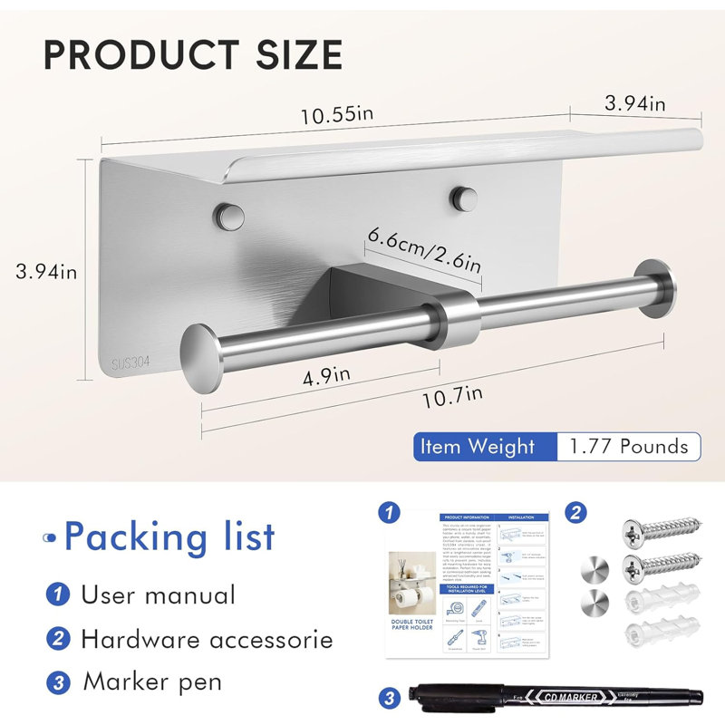 Paquet de 2 porte-papier hygiénique double avec tablette