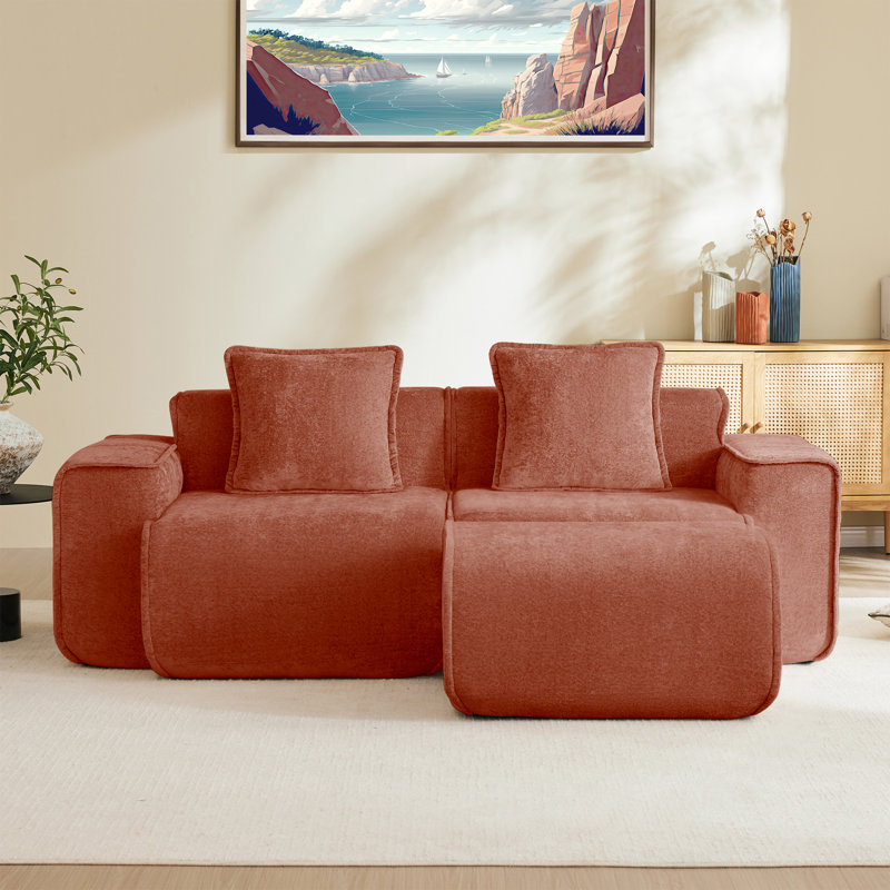 Modular 2 Seat L Shape Sectional Boneless Sofa Streamlined Design  With French Edge Piping, No Assembly Required, 3-Seat Sofa Couch With Throw Pillows And 1 Movable Ottoman, Velvet Fabric
