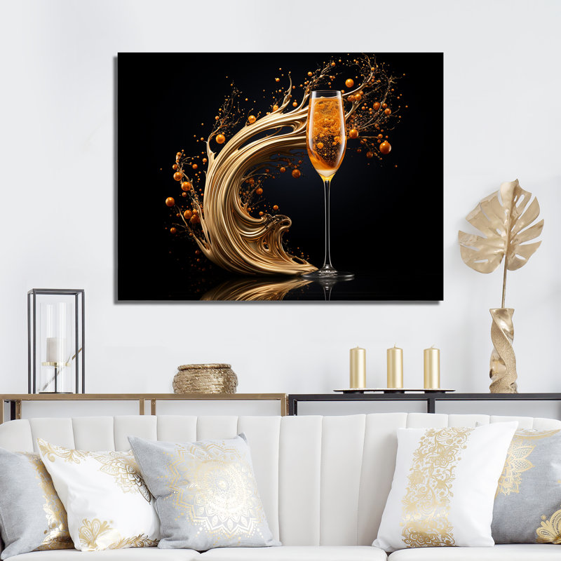 Champagne Spiral Glass Gold Splash - Champagne, art mural, Toile tendue, H 12 po x l 20 po x P 1 po