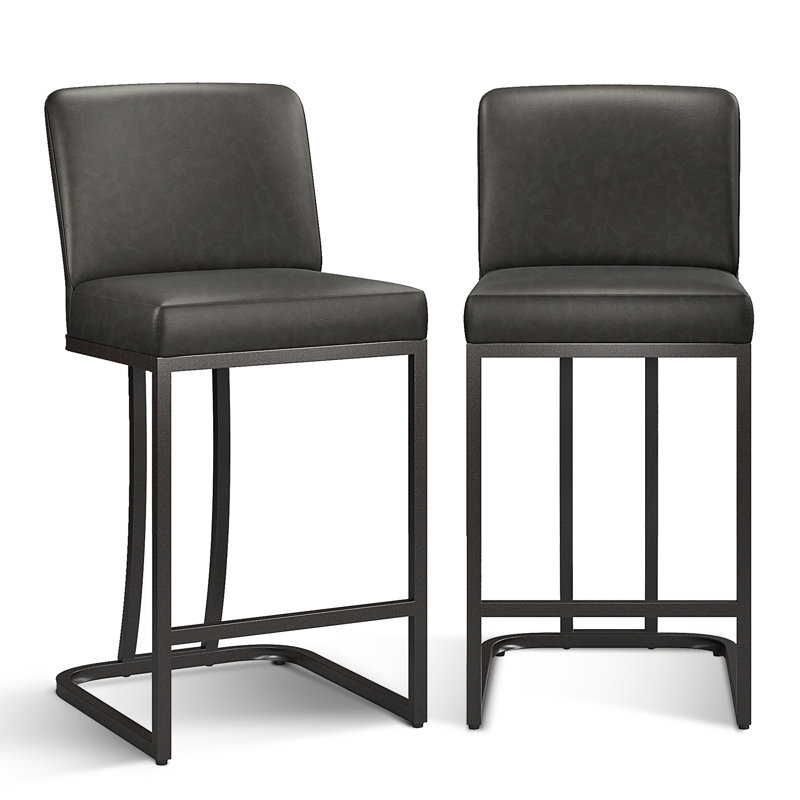 Tabouret de comptoir gris Forsyth de 24 po avec similicuir rembourré et structure en métal noir, Gris / Noir