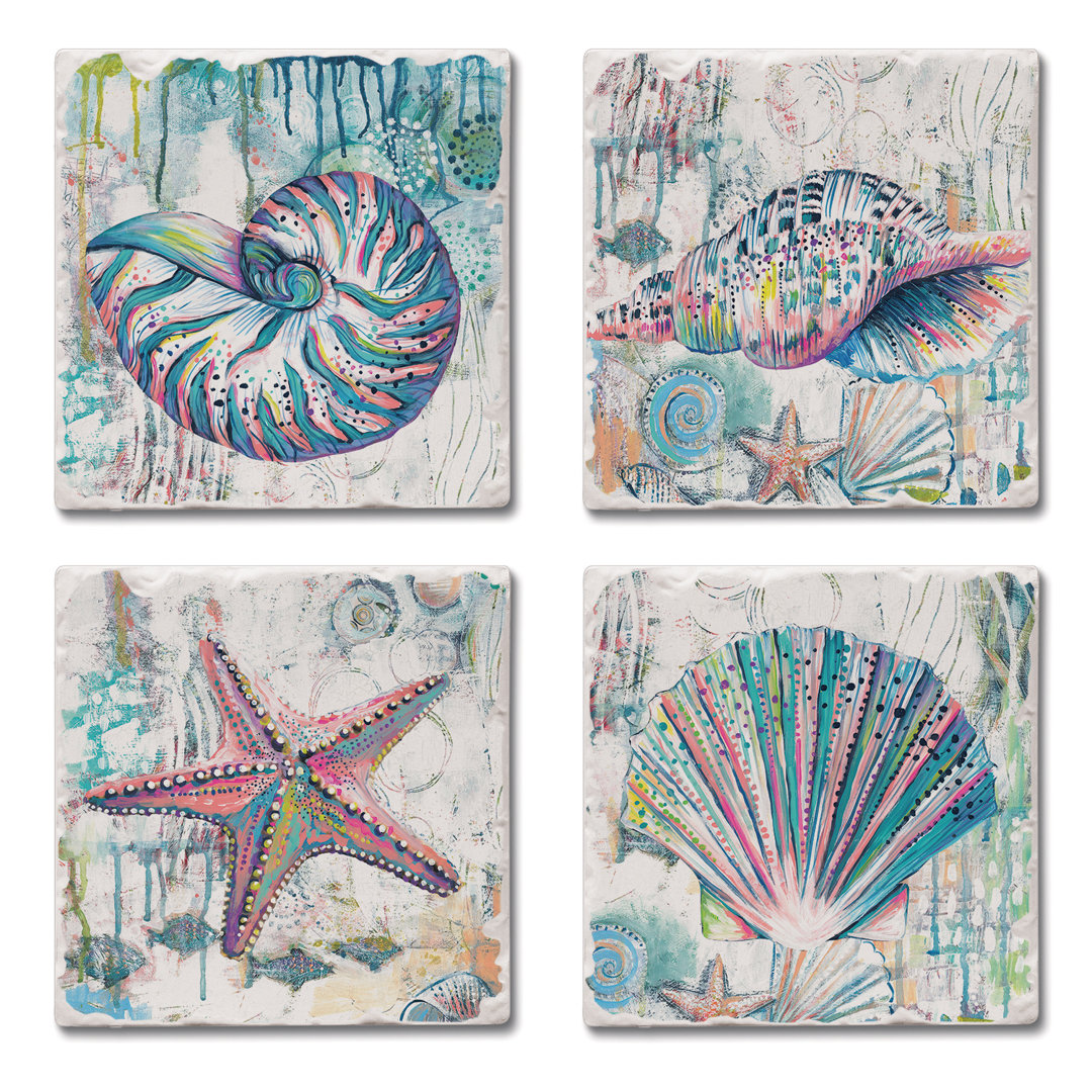 Jewels of the Sea 4-Pack Absorbent Stone Tumbled Tile Coasters CounterArt