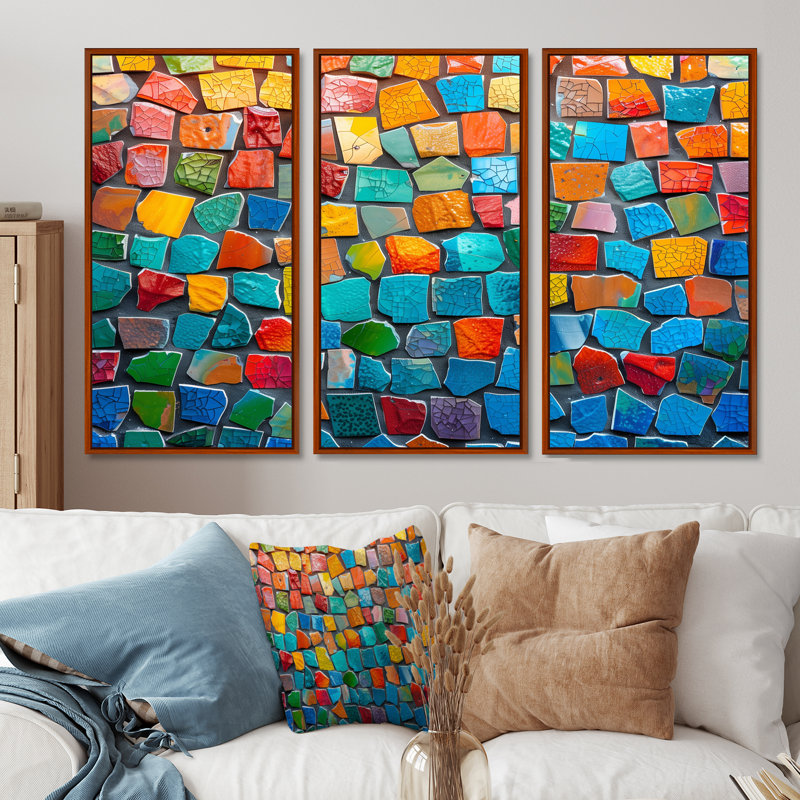 Alexei - Ensemble d'art mural mosaïque Boho, Toile avec cadre flottant brun, H 32 po x l 48 po x P 1 po