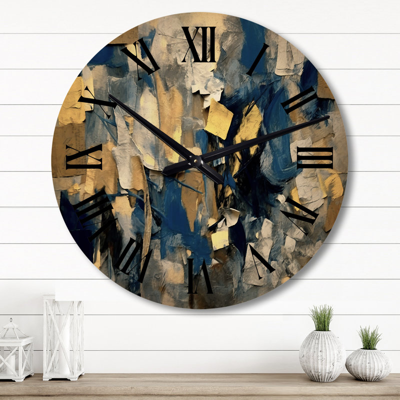 Jazz Interchange In Blue I - Abstract Collages Oversized Wood Wall Clock, Large