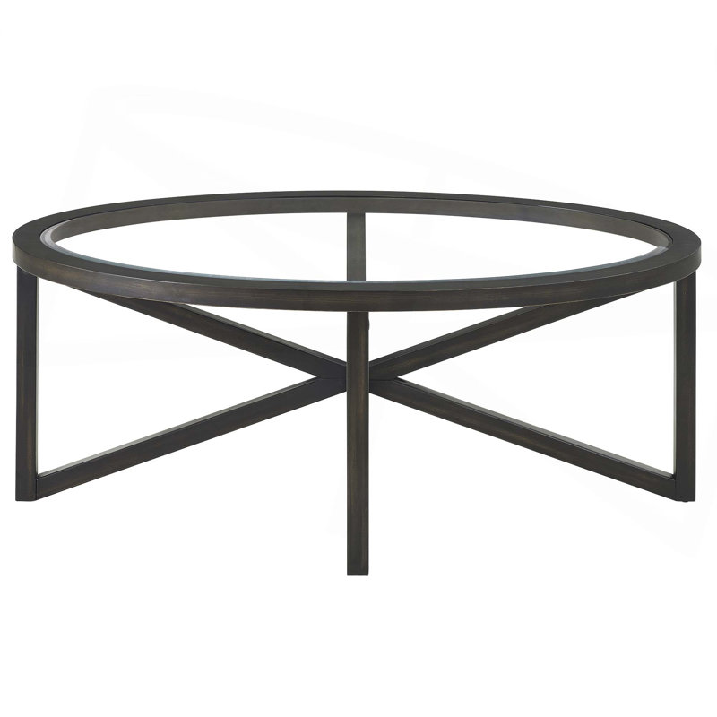Table basse en verre trempé avec base en bois massif et plateau rond en verre transparent, Noir