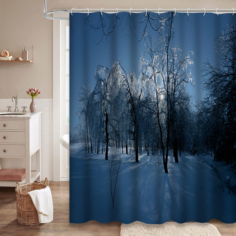 Rideau de douche avec 12 crochets Night Moon Frosty Trees Ice Forest, 72" L x 72" W