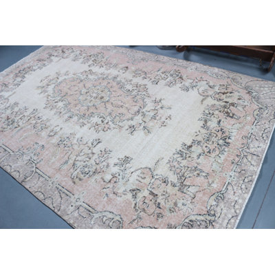 Large Beige Turkish Rug With Vintage Design For Organic Living Room Home Decor