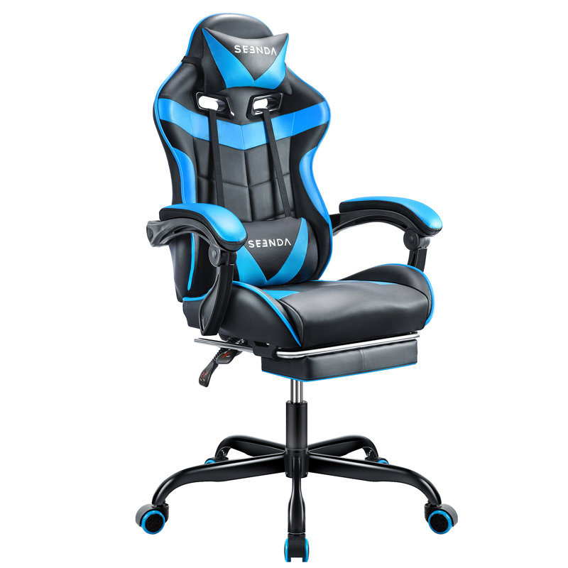 High-Back Adjustable Reclining Ergonomic Faux Leather Swiveling Pc & Racing Gaming Chair With Footrest, Black/Blue