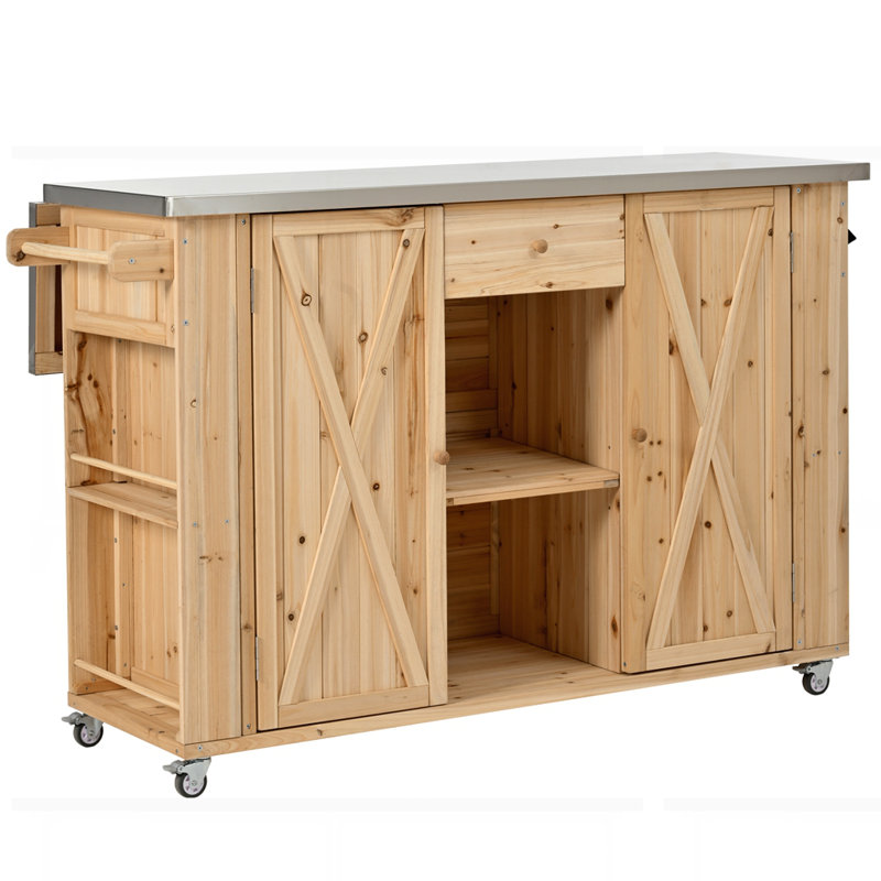 Wood Kitchen Island with Stainless Steel Top, Natural Wood