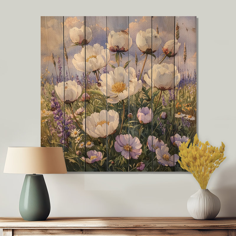 Peonies In The Wildflower Field III - Peonies Wood Wall Art - On Natural Pine Wood, 36" H x 36" W x 0.78" D