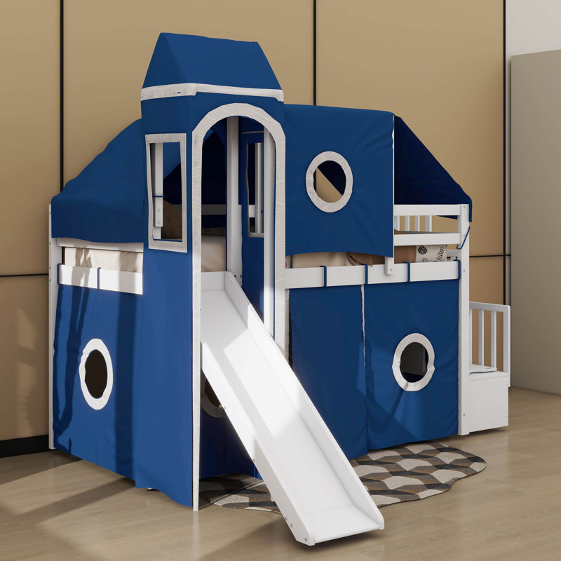 Lit mezzanine confortable avec tour amusante et tente de charme, Bleu, Simple