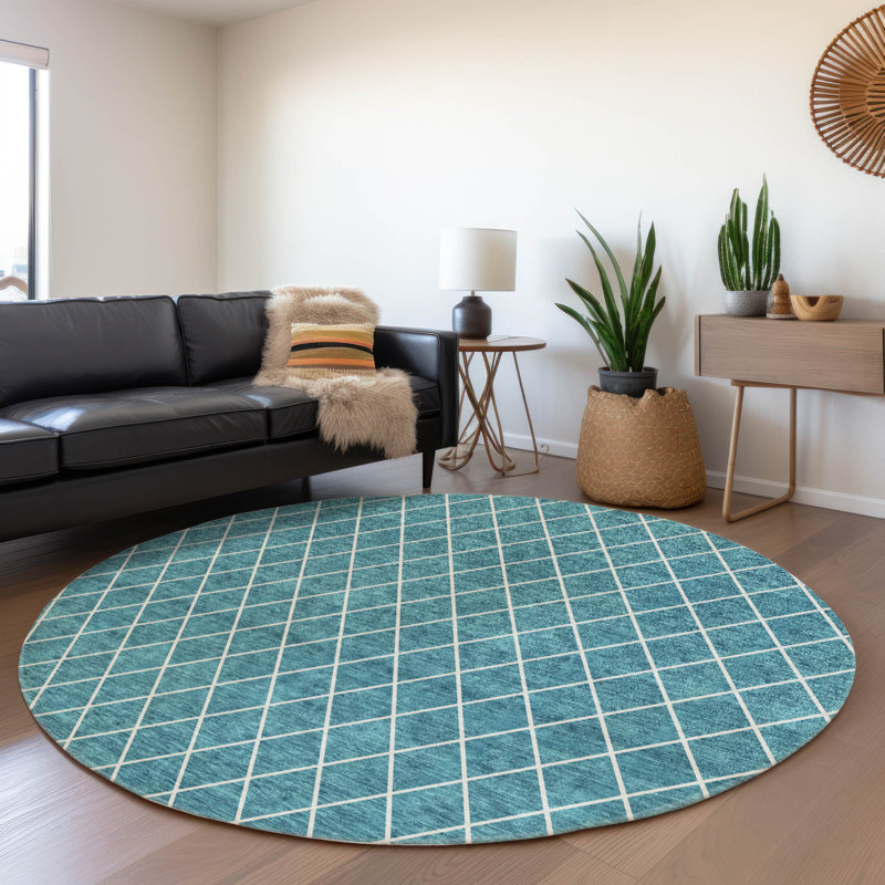 Premium Machine Washable Prisco Teal Rug, Round 8'