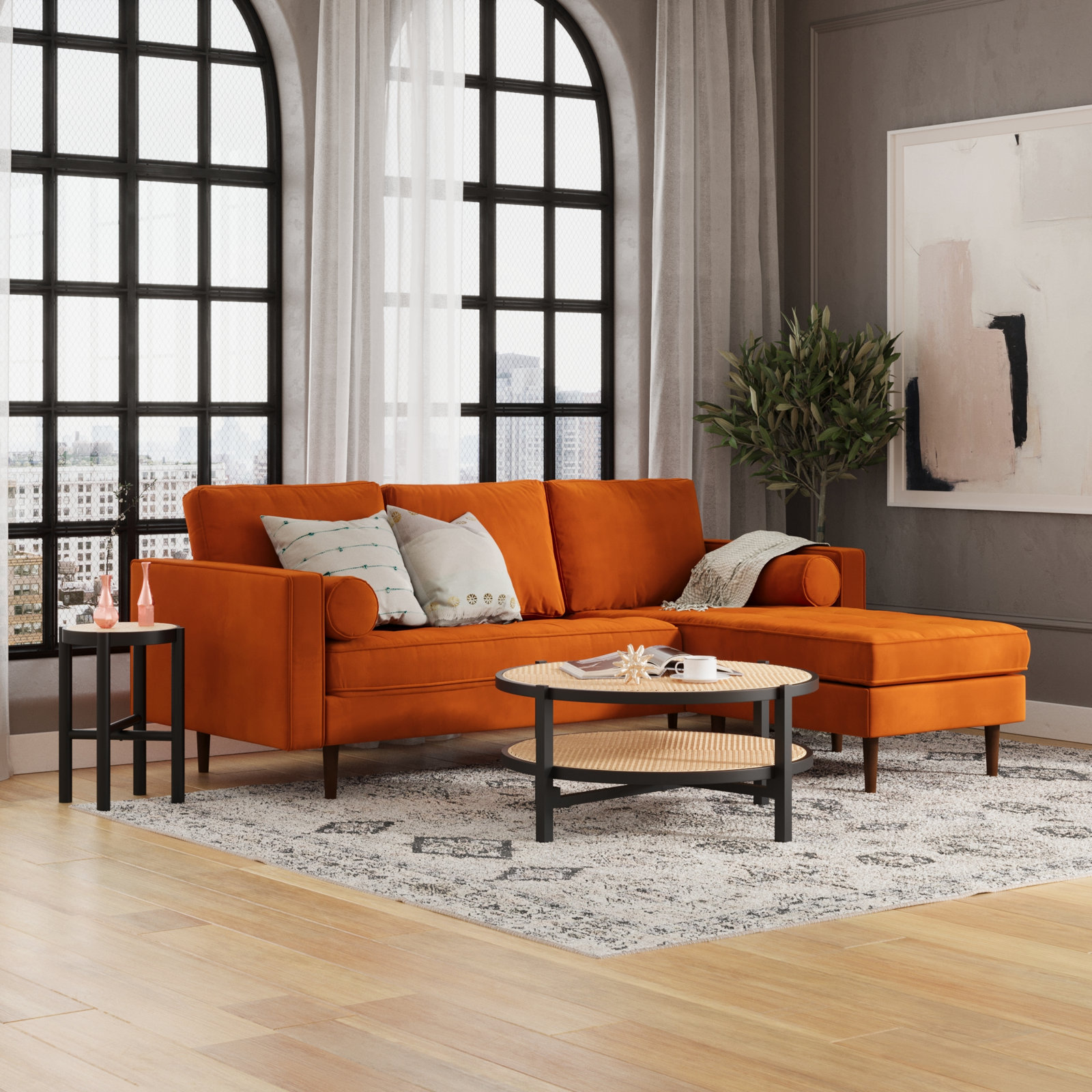 Geo Velvet Reversible Sofa and Chaise, Bella Burnt Orange Performance Velvet