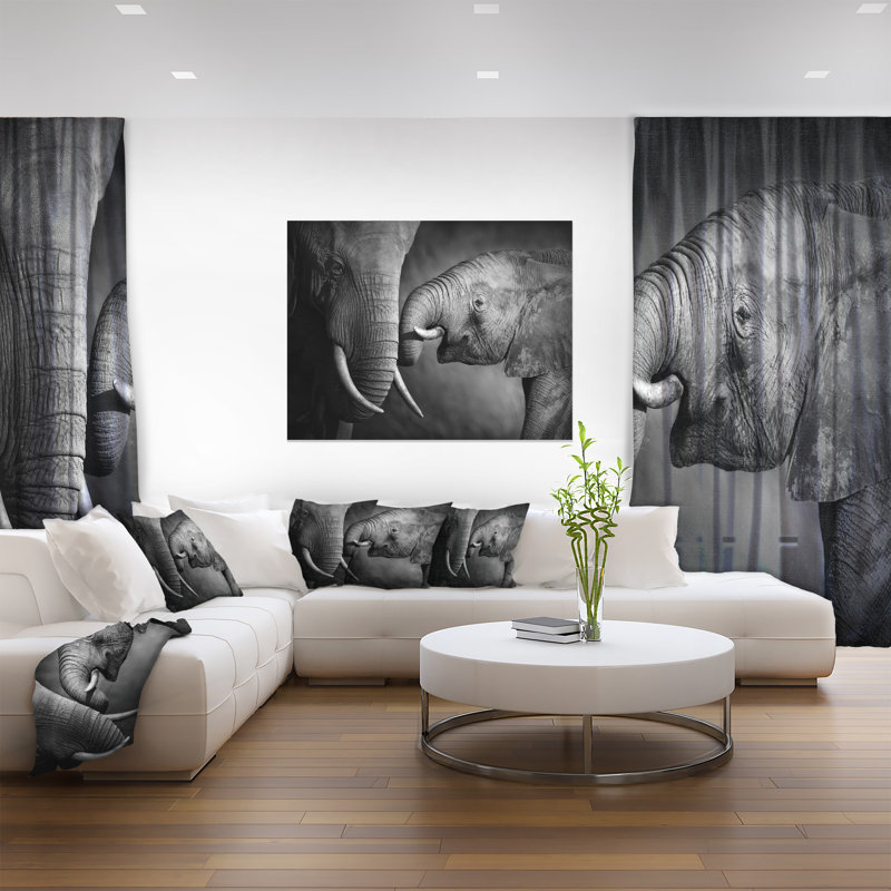 Éléphants montrant l'affection - impression d'art graphique, H 12 po x l 20 po, Toile tendue