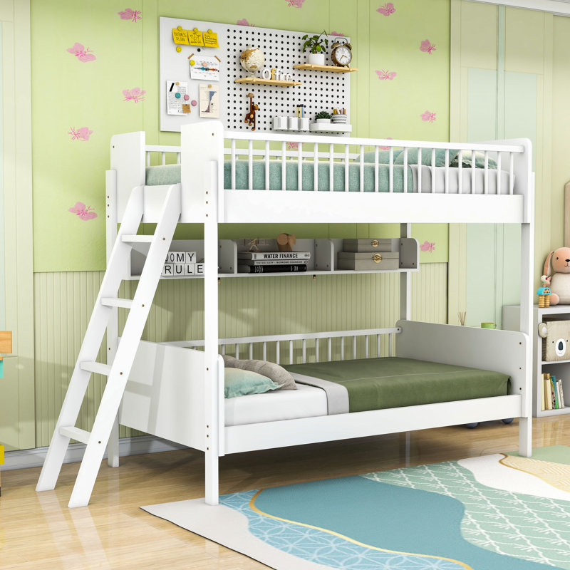 Lit superposé en bois avec 3 tablettes de rangement, Blanc