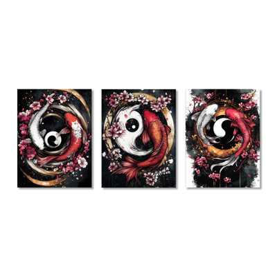 Ensemble d'art mural en métal 3 pièces Sakura Yin et Yang Koi Pond I