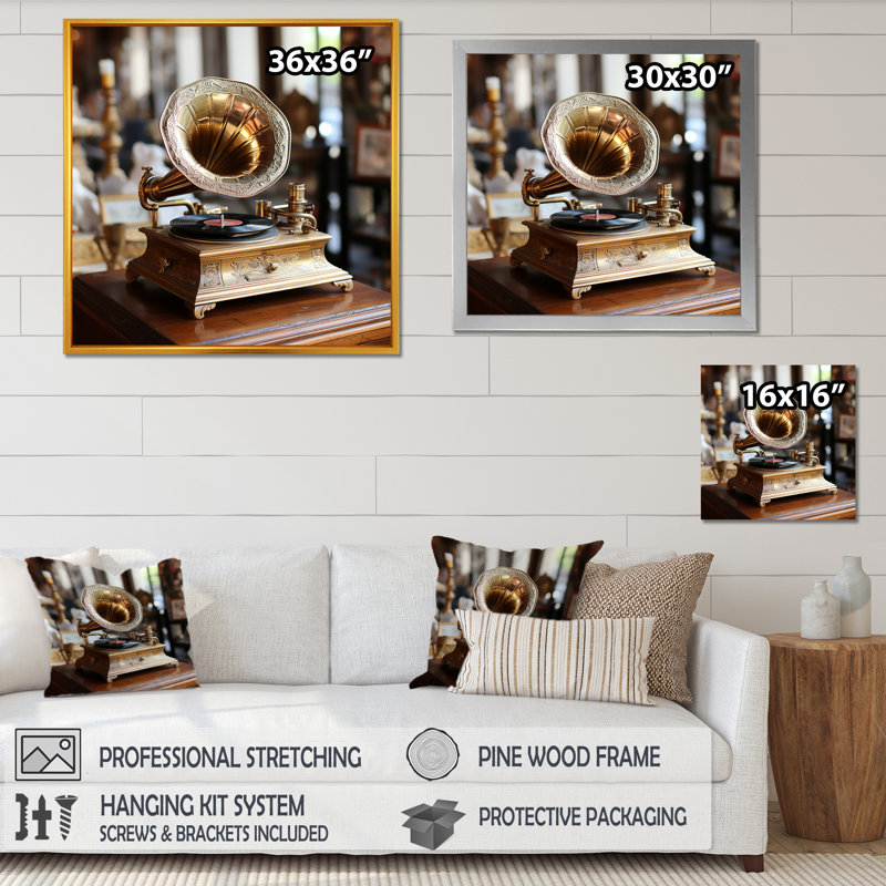 Rétro Phonograph Serenade - Phonographs, art mural, Cadre simple noir, H 30 po x l 30 po x P 1,5 po