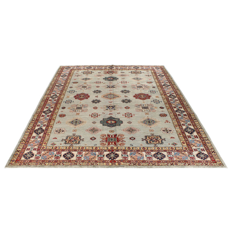 Tapis tribal Kazak 9 x 12 gris et multicolore