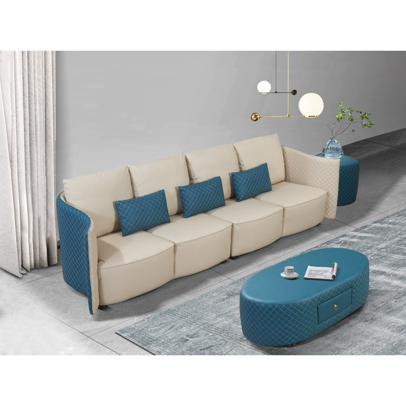 Makassar Sofa, Off White/Blue Genuine Leather