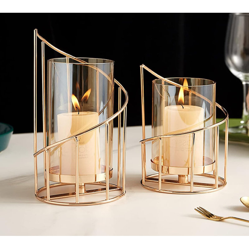 Metal Wire Candle Holder Set Of 2, Glass Pillar Candle Holders Gold Decorative Tea Light Candleholders,Gold