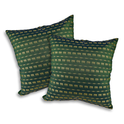 Decorative Elephant Parade Stripes Green Silk Throw Pillow Cushion Cover Set