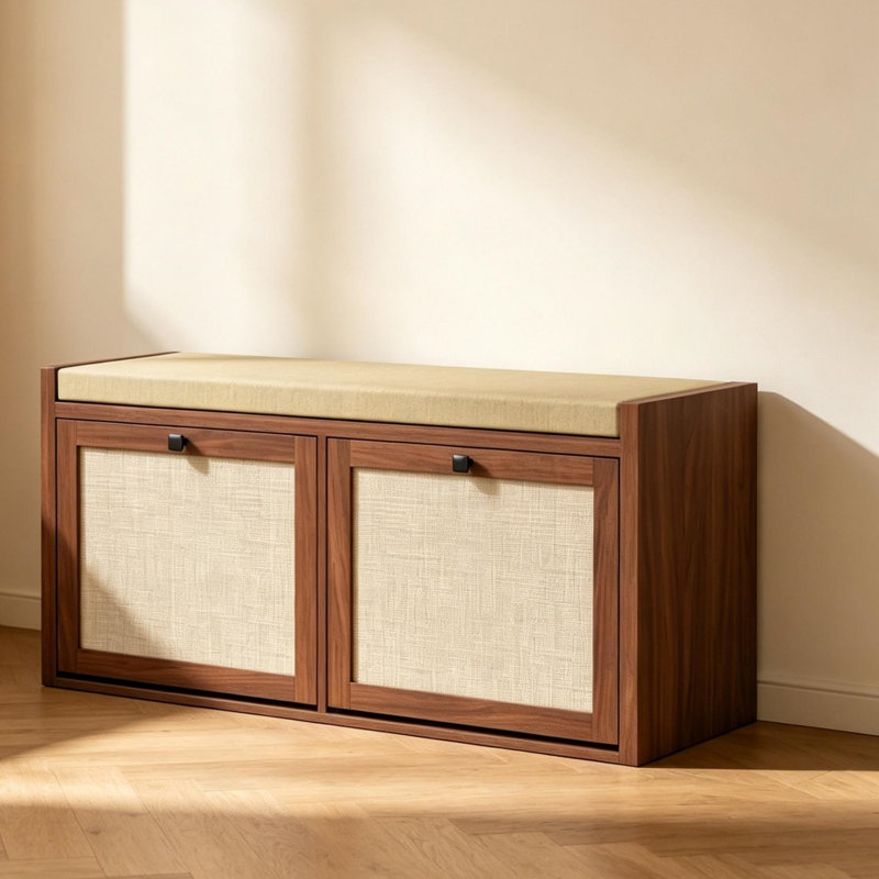 Banc de rangement pour chaussures d'entrée avec siège rembourré et 2 tiroirs en rotin