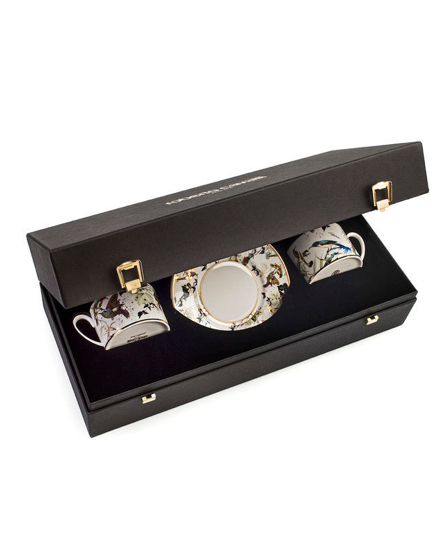 Tea Cup & Saucer GARDEN'S BIRDS Set of 2 in Luxury Box diam. 3.3in, H 2.3in, cap. 7.5 oz, Saucer diam. 6in