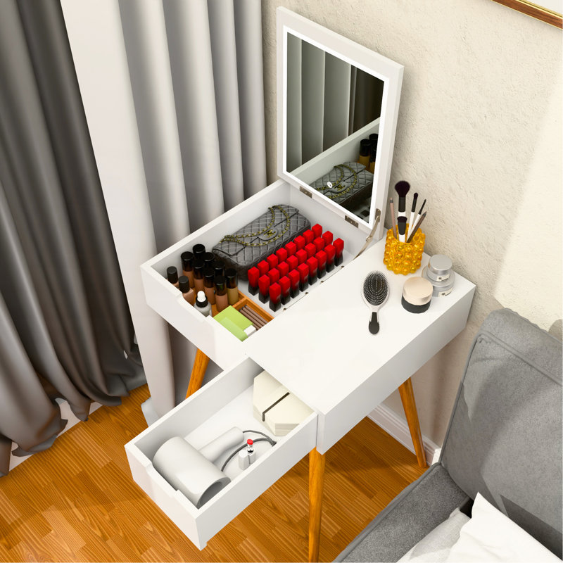 Petite coiffeuse de maquillage, bureau avec 2 tiroirs, organisateur de miroir rabattable, coiffeuse de maquillage pour chambre à coucher, vestiaire