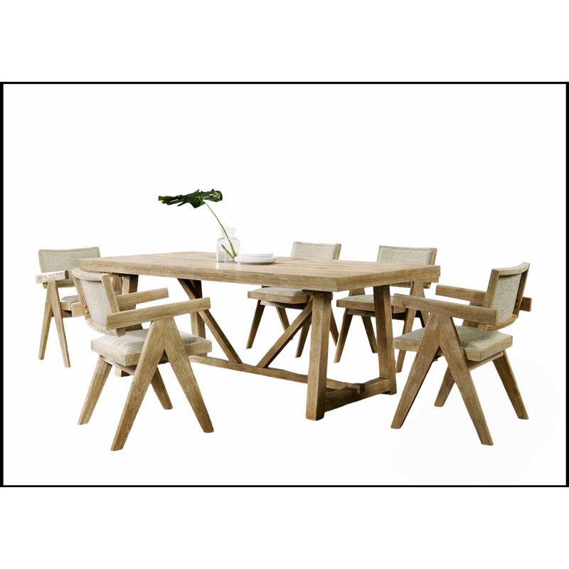 Ensemble de salle à manger contemporain en placage de chêne 7 pièces avec fauteuils rembourrés en polyester et table spacieuse