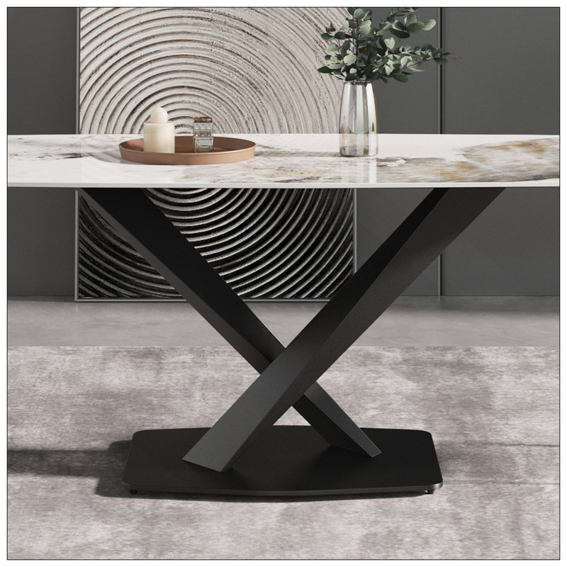 Table de salle à manger 70,87 "en pierre artificielle moderne avec pieds en métal noir incurvés et pouvant accueillir 6 à 8 personnes