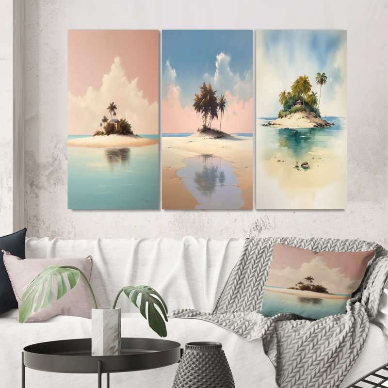 «Île désertique déserte», 3 pièces sur toile, Toile tendue, H 40 po x l 60 po